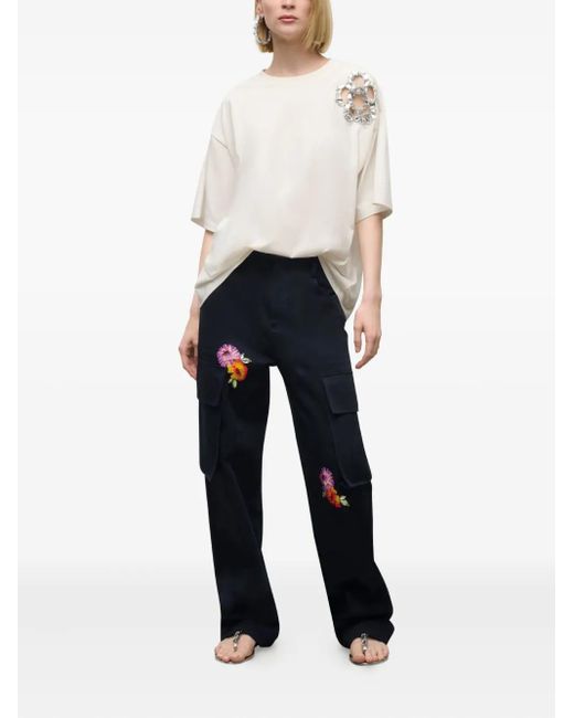 Area Blue Embroidered-Flower Cargo Trousers
