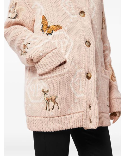 Philipp Plein Natural Long Oversized Cardigan With Fairy Embroidery