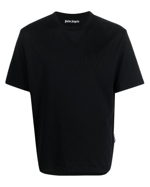 Palm Angels Black Monogram-embroidered Cotton T-shirt for men