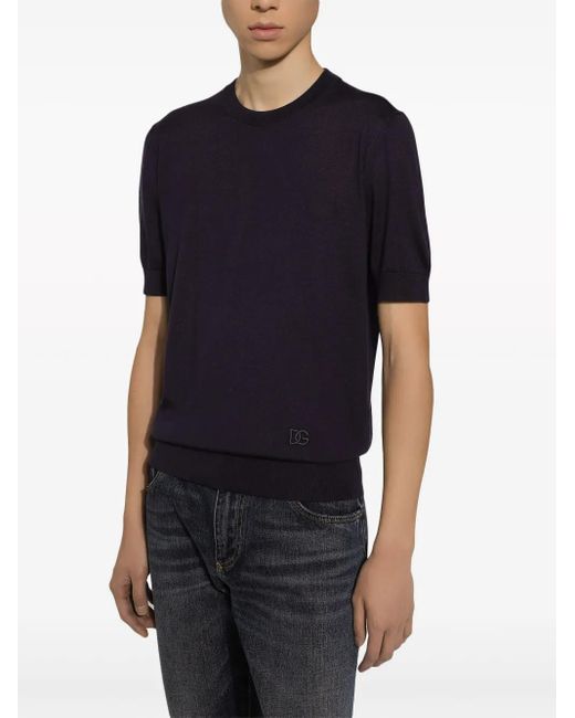 Dolce & Gabbana Blue Logo-Embroidered Silk Knitted Top for men