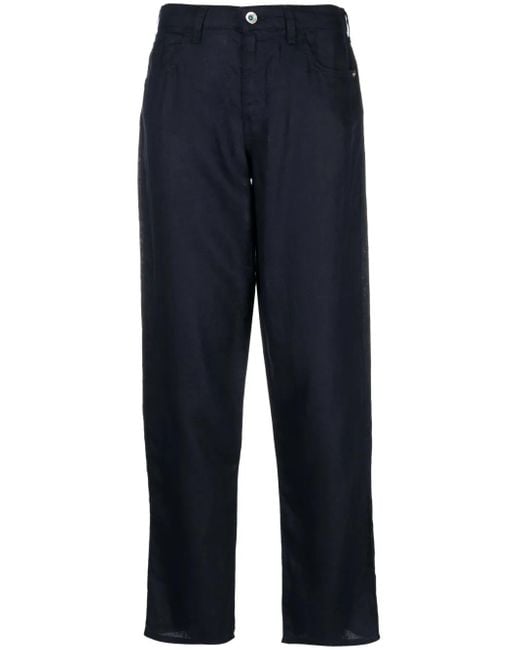 Emporio Armani Blue Straight-Leg Linen Trousers