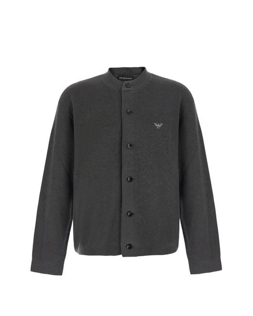 Emporio Armani Gray Logo-Embroidered Ribbed Cardigan for men