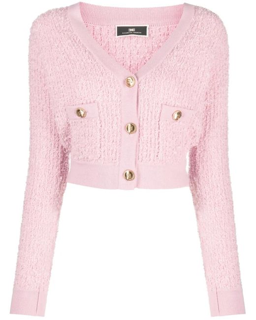 Elisabetta Franchi Pink Button-Up Bouclé Cropped Cardigan
