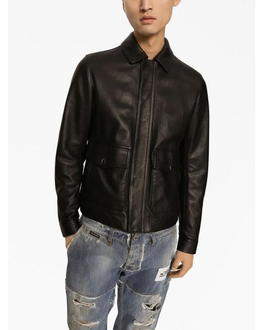 Dolce & Gabbana Black Collared Leather Coat for men