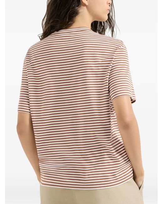 Brunello Cucinelli White Striped Cotton Jersey T-Shirt With Precious Neckline