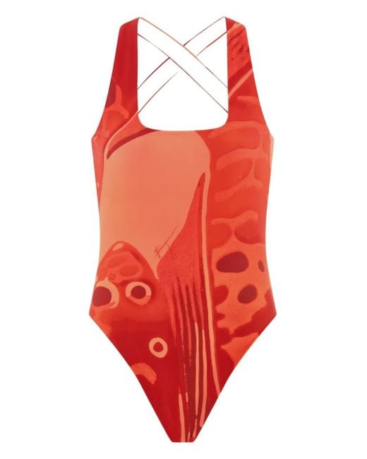 Ferragamo Red Fish-Print Swimsuit