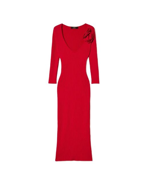 Twinset Red Robe En Maille À Fleurs Appliquées