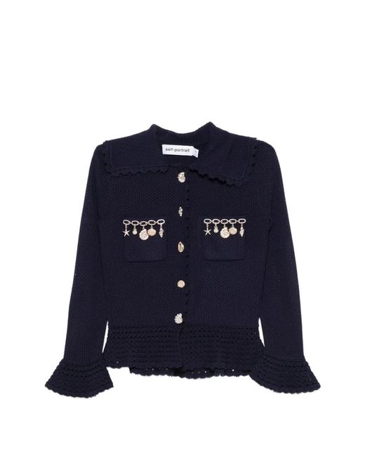 Self-Portrait Blue Charm-Detail Scalloped-Trim Cardigan