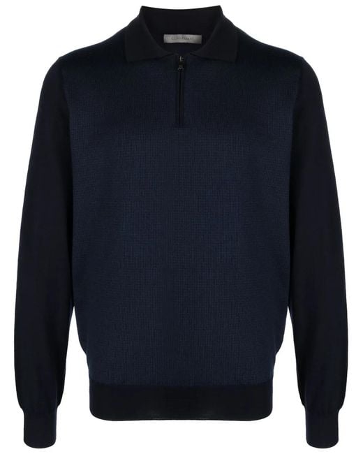 Corneliani Blue Fine-Knit Wool Polo Shirt for men