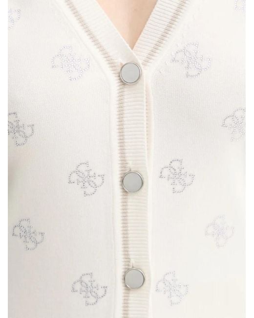 Guess White Crystal-Embellished Logo-Pattern Cardigan