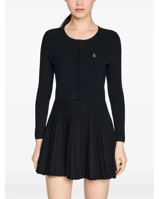 Sandro Black Pleated Knit Mini Dress