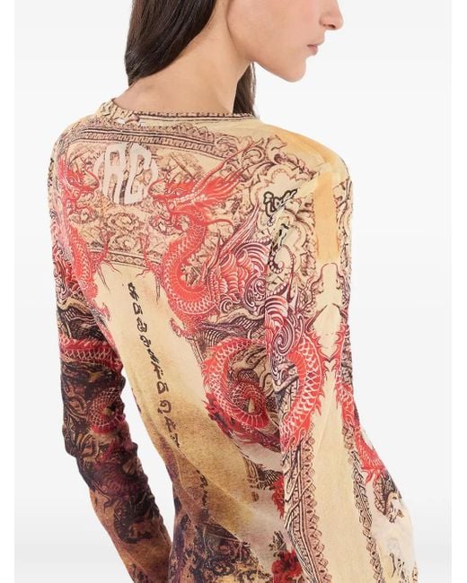 Roberto Cavalli Pink Dragon-Motif Long-Sleeve Top