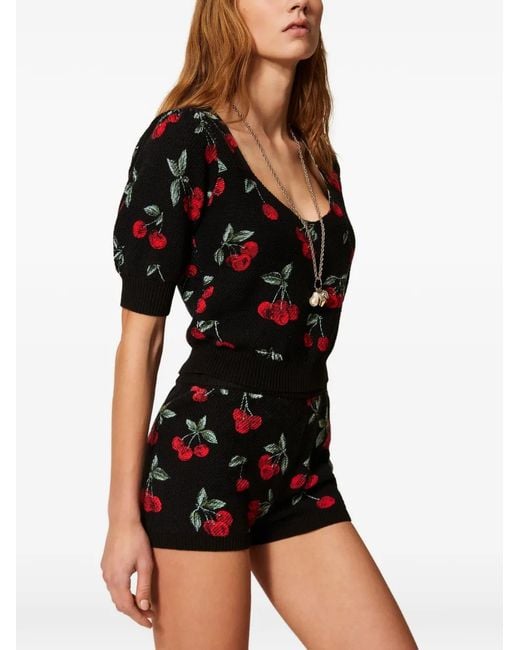 Twinset Black Cherry-Pattern Shorts