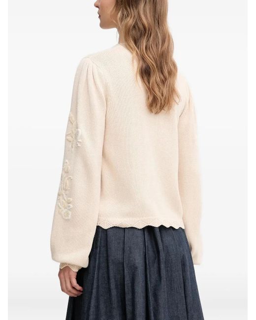 INTROPIA White Floral-Embroidered Scallop-Hem Cardigan