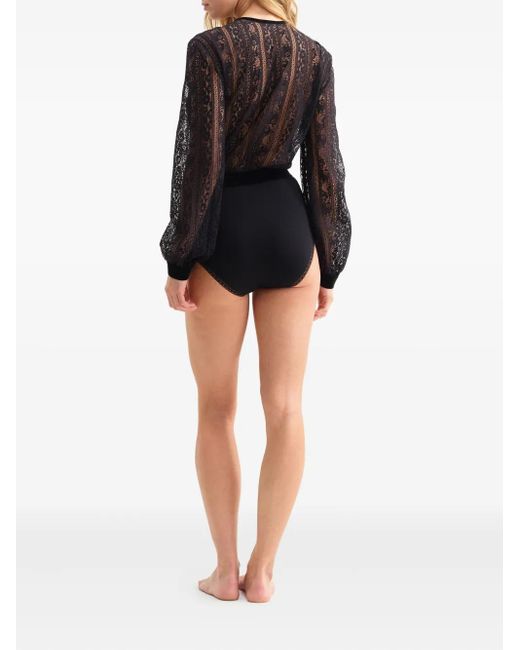 Eres Black Voltige Lace-Panel Velvet Bodysuit