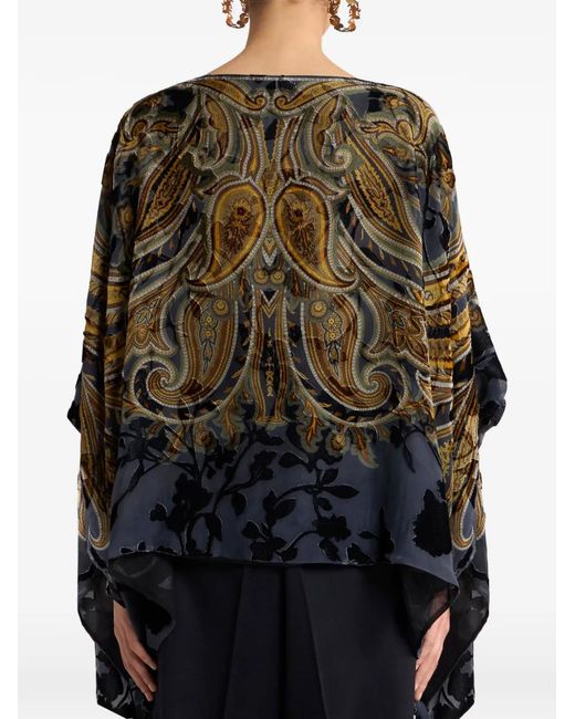 Etro Black Burnout Velvet Poncho Top With Placed Paisley Print