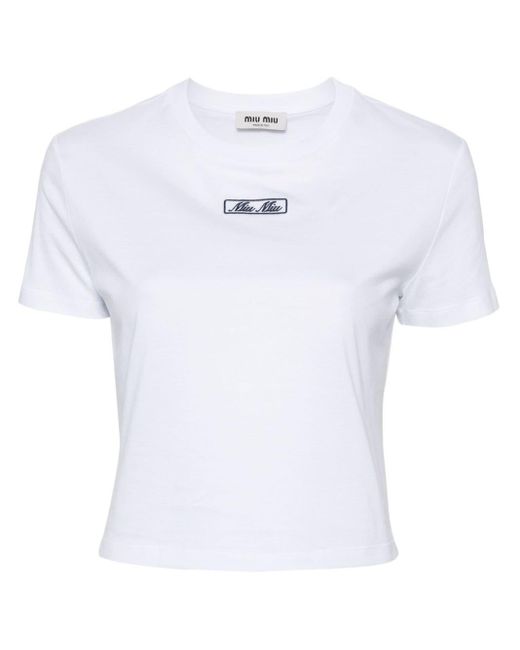 Miu Miu White T-Shirt mit Logo-Stickerei