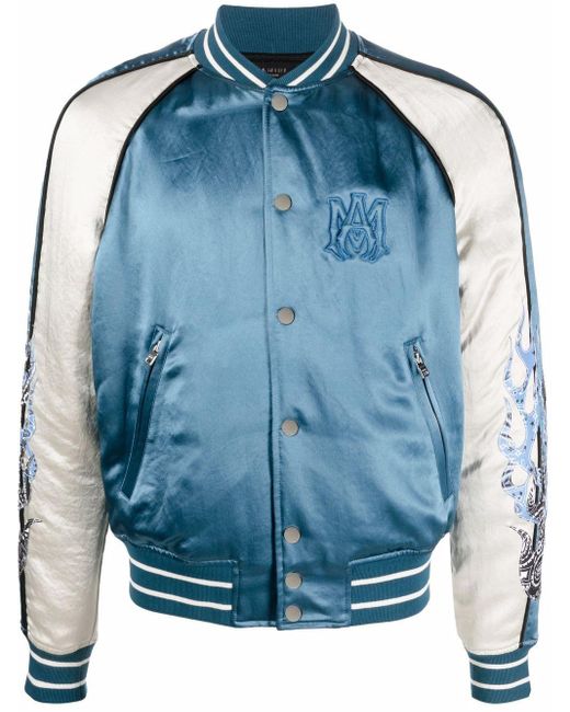 Amiri Satin Flames Souvenir Varsity Jacket in Blue for Men - Lyst