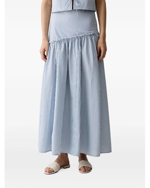 Benetton Blue Striped Asymmetrical-Waist Ruffled Maxi Skirt