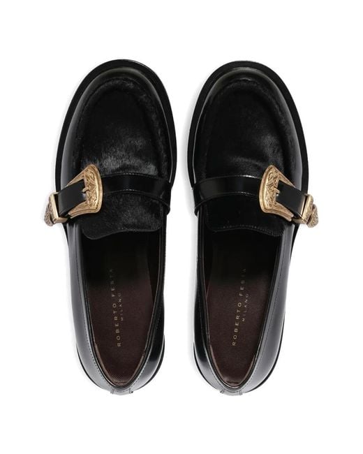 Roberto Festa Black Lira Pony Skin Detail Triptych Loafers