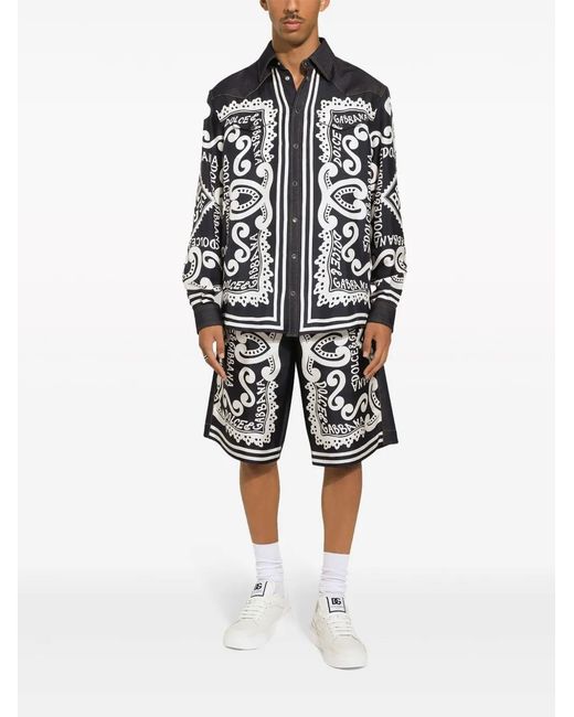 Dolce & Gabbana Black Abstract Print Denim Shorts With Pleat Detailing for men