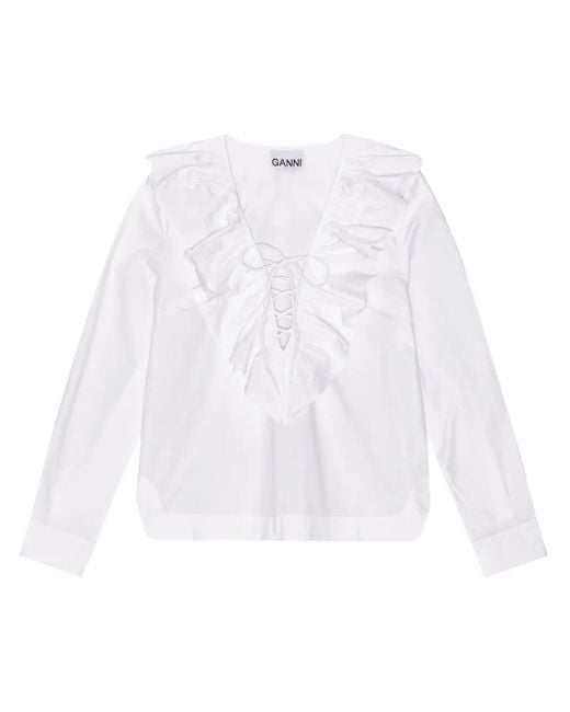 Ganni Blouse Met Ruchekraag Van Biologisch Katoen in het White