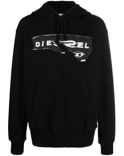 DIESEL Black Ripped Logo Print Hoodie for men
