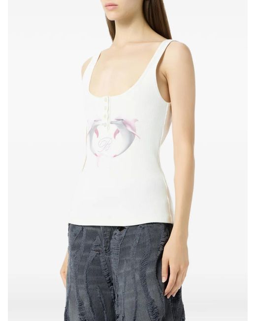 Blumarine White Dolphin-print Ribbed Top