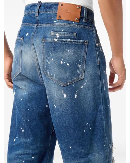 Philipp Plein Blue Beach Boy Fit Paint-Splatter Distressed Jeans for men