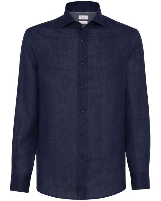 Brunello Cucinelli Langärmeliges Hemd aus Leinen in Blue für Herren