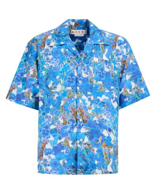 Marni Blue Floral-print Cotton Shirt for men