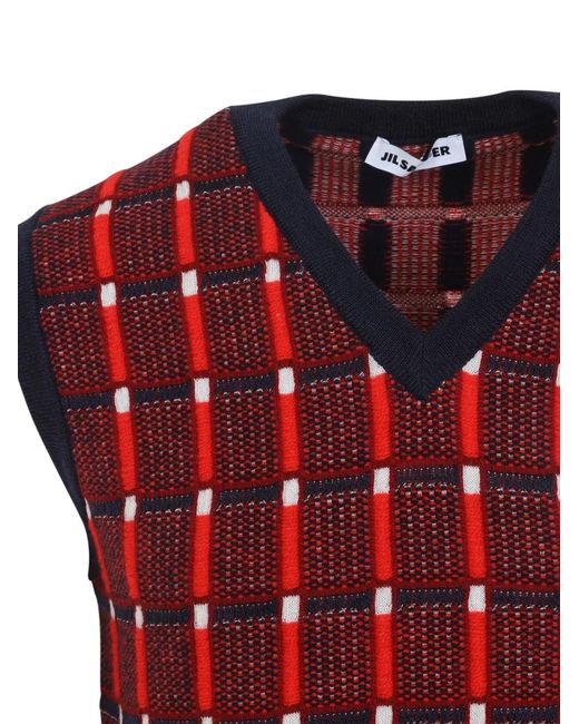 Jil Sander Red Check-Pattern V-Neck Vest for men