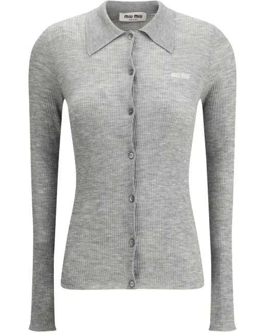 Miu Miu Gray Polo-Collar Cardigan