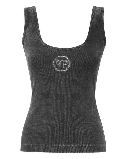 Philipp Plein Black Washed-Effect Ribbed Tank Top