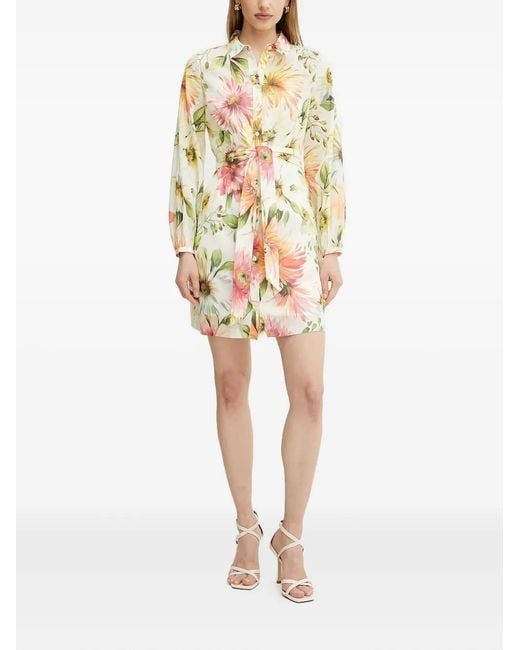 Guess White Floral-Print Belted Shirt Dress