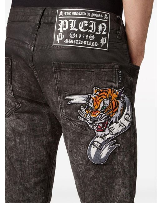Philipp Plein Straight-Leg-Jeans mit Logo-Applikation in Gray für Herren