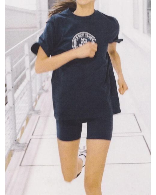 Sporty & Rich Blue Serif Logo-Waistband Shorts