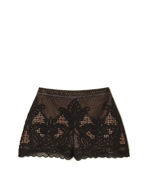 Twinset Black Mesh Shorts With Embroidery