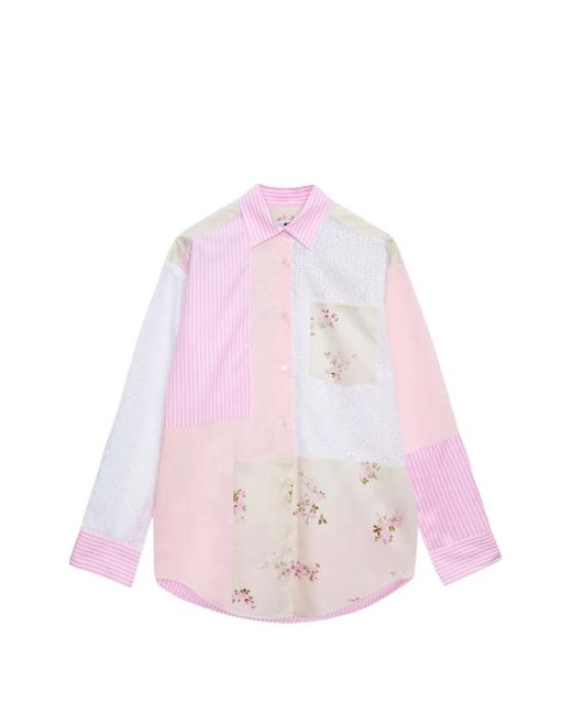 MSGM Pink Striped-Pattern Floral-Print Shirt
