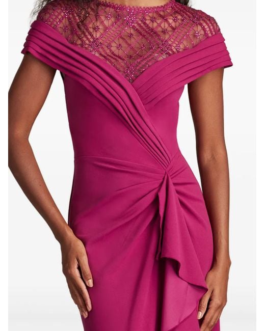 Tadashi Shoji Purple Plissiertes Abendkleid Mit Spitzenschultern