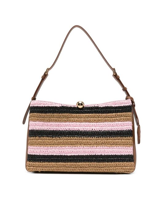 Furla White Striped Woven Shoulder Bag