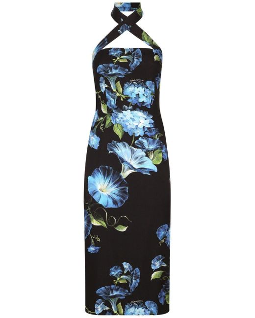 Dolce & Gabbana Blue Neckholder-Kleid mit Blumen-Print