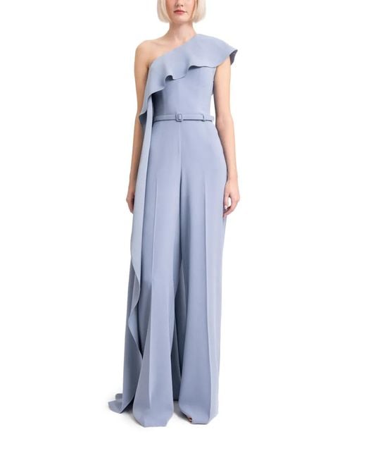 Gemy Maalouf Blue One-Shoulder Ruffled Jumpsuit