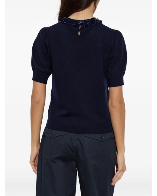 Ulla Johnson Blue Sequin-Embellished Puff-Sleeve T-Shirt