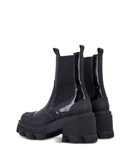 Ganni Black Patent-Leather Cleated Chelsea Boots