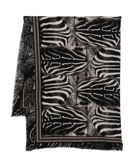 Faliero Sarti Black Zebra-Print Fringed Scarf