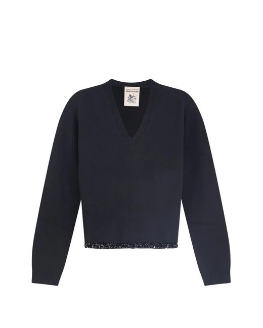 Semicouture Blue Celia Sequin-Embellished V-Neck Sweater