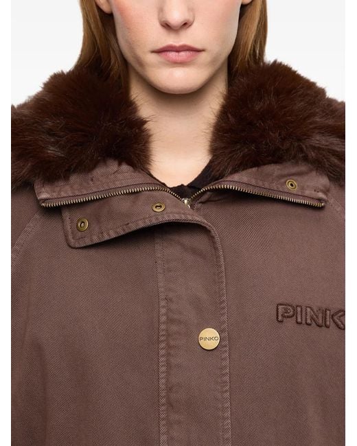 Pinko Brown Faux-Fur-Trim Hooded Coat