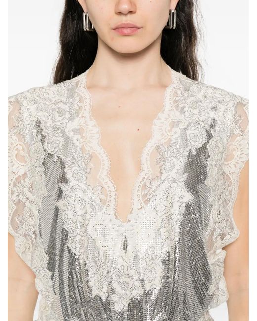 Rabanne White Lace-Insert Mesh Gathered-Waist Top