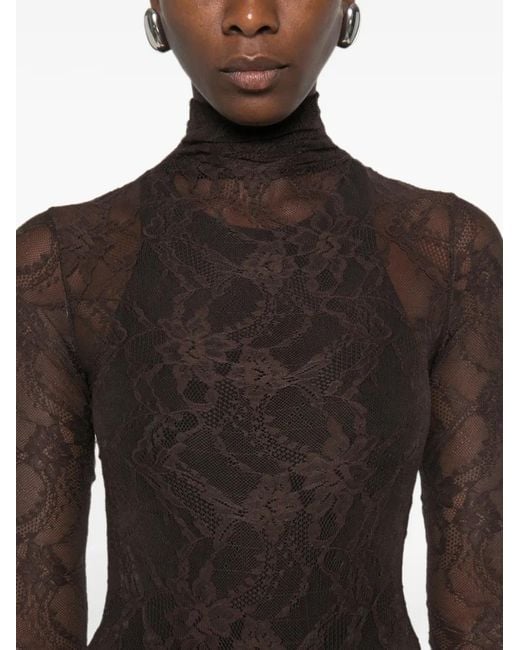 ANDAMANE Brown Ziggy Lace-Pattern High-Neck Bodysuit